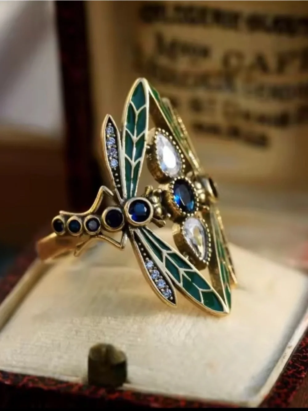 Vintage Green Enamel and Blue Stone Gold Ring